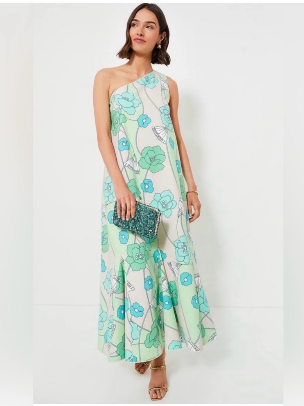 Hyacinth House Tuckernuck One-Shoulder Floral Mod Maxi Dress in Mint and Aqua